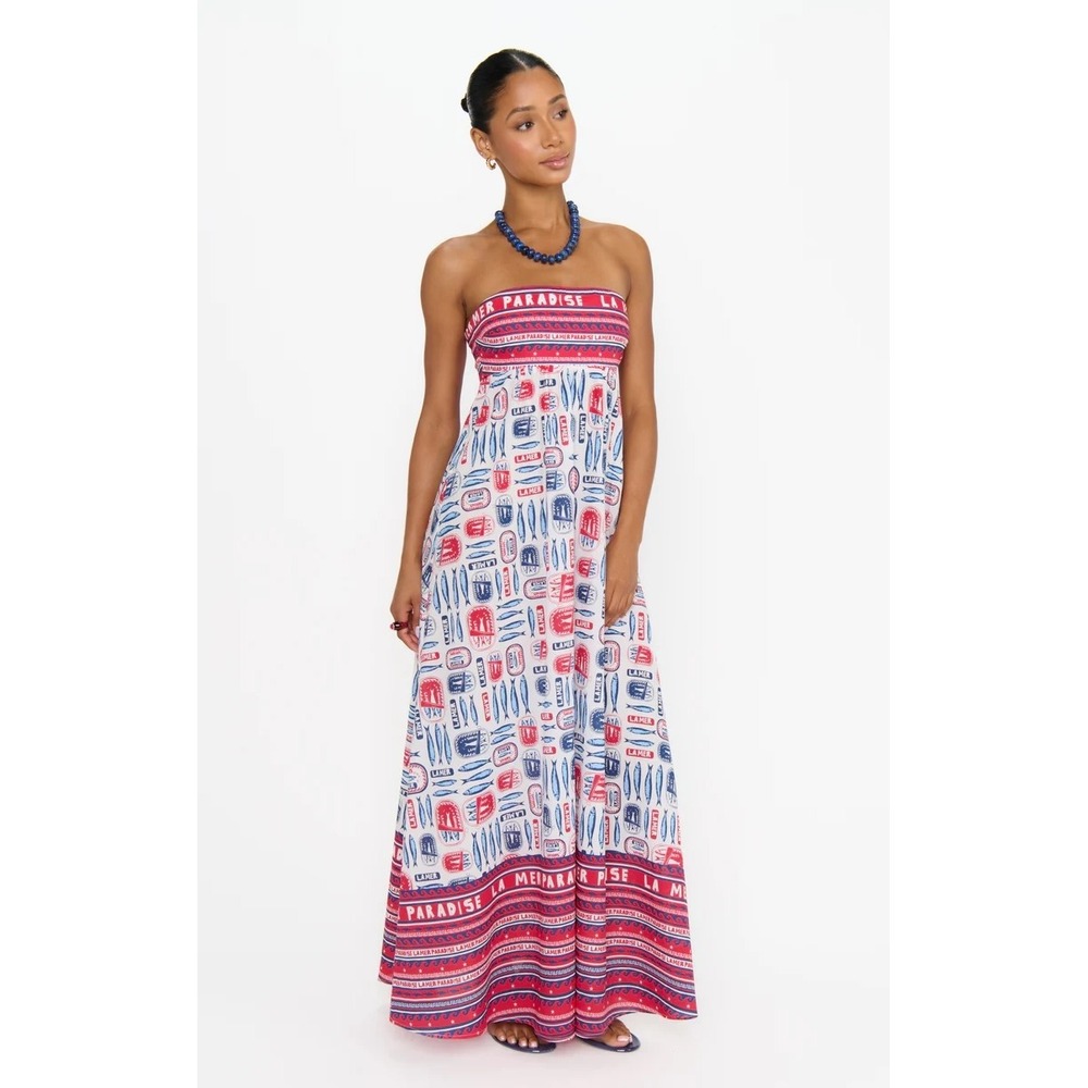 Show Me Your Mumu Sardine La Mer Paradise Strapless Maxi Dress Red Blue Large